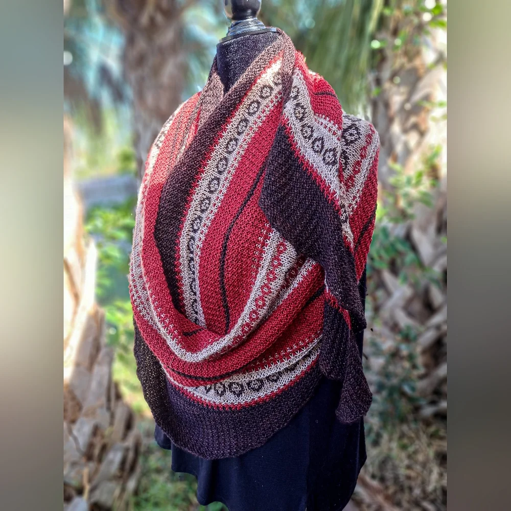 Hand Knitted Shawl One of a Kind Elegant Red Beige Coffee Brown Merino Wool - Picture 10 of 15